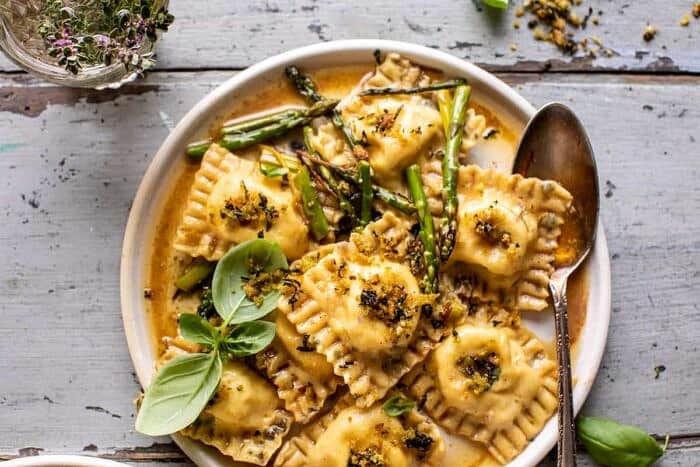 Lemon Butter Cheese Ravioli with Garlic Basil Breadcrumbs | halfbakedharvest.com overhead horizontal photo of Lemon Butter Cheese Ravioli with Garlic Basil Breadcrumbs