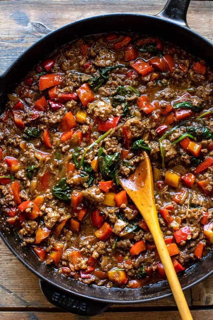 One Skillet French Onion Tater Tot Casserole | halfbakedharvest.com overhead photo of One Skillet French Onion Tater Tot Casserole before adding the tater tots
