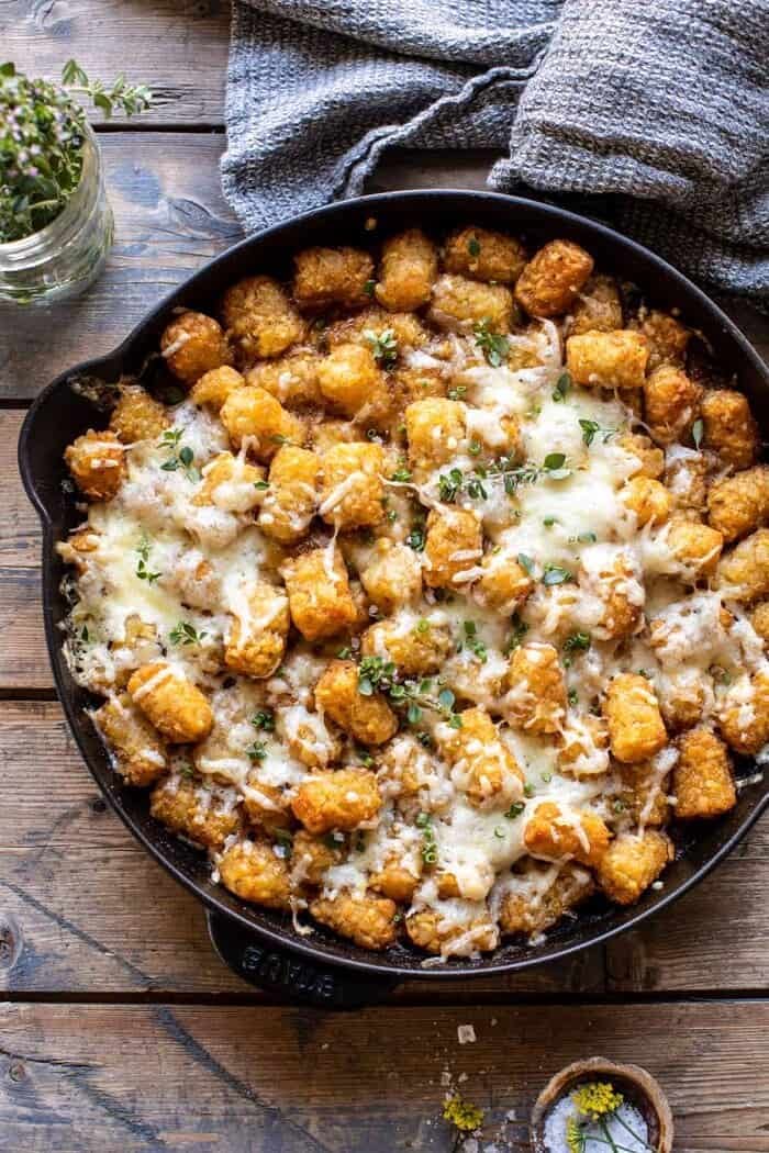 One Skillet French Onion Tater Tot Casserole | halfbakedharvest.com overhead photo of One Skillet French Onion Tater Tot Casserole