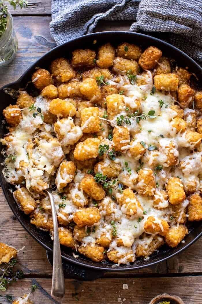 One Skillet French Onion Tater Tot Casserole | halfbakedharvest.com overhead close up photo of One Skillet French Onion Tater Tot Casserole