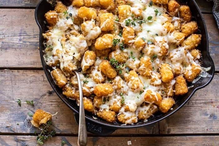 One Skillet French Onion Tater Tot Casserole | halfbakedharvest.com overhead horizontal photo of One Skillet French Onion Tater Tot Casserole