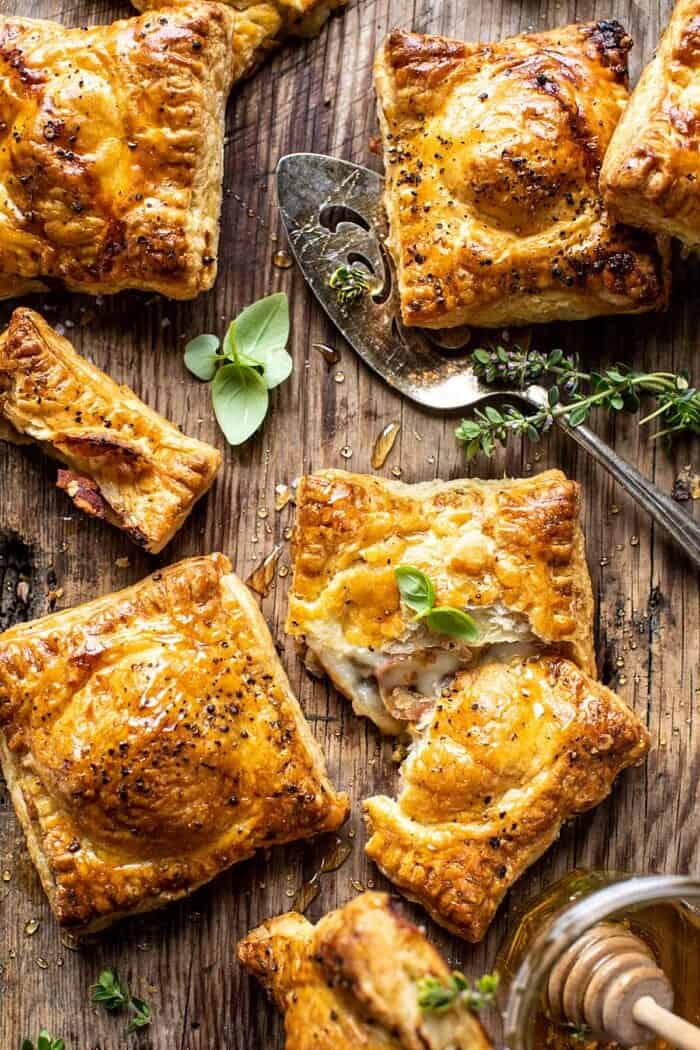 Prosciutto Caprese Puff Pastries with Peppery Thyme Honey | halfbakedharvest.com overhead photo of Prosciutto Caprese Puff Pastries with Peppery Thyme Honey