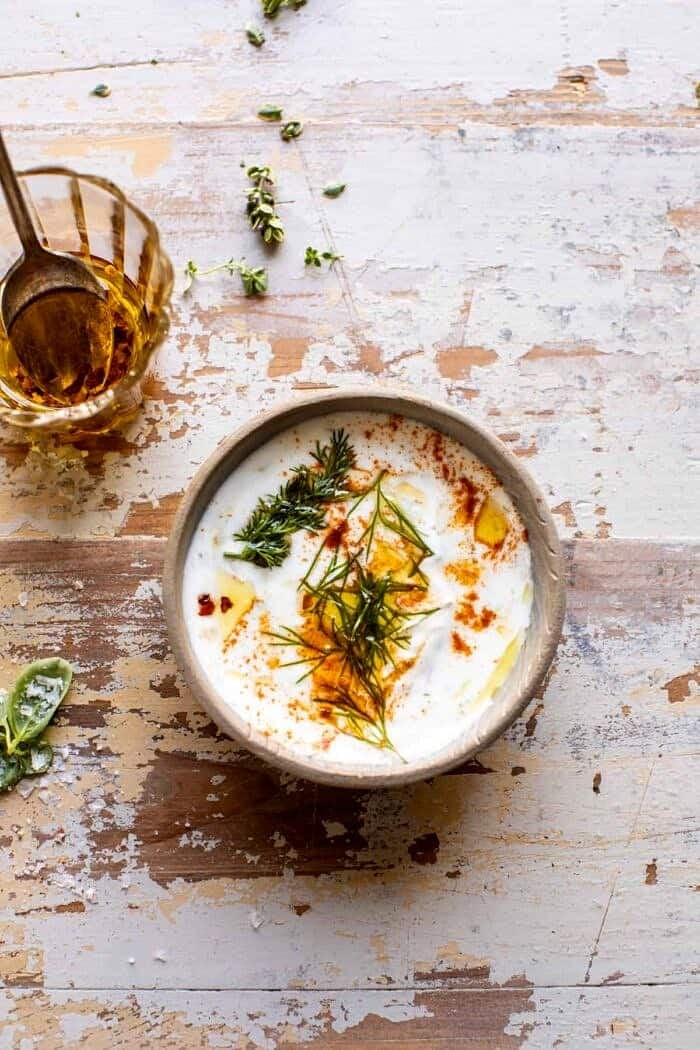 overhead photo of Feta Goddess Sauce in serving bowl 
