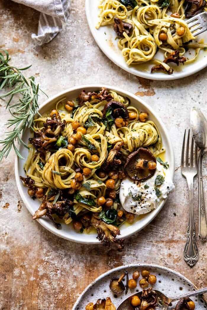 Slow Roasted Mushroom Pasta with Crisp Rosemary Chickpeas | halfbakedharvest.com overhead photo of Slow Roasted Mushroom Pasta with Crisp Rosemary Chickpeas