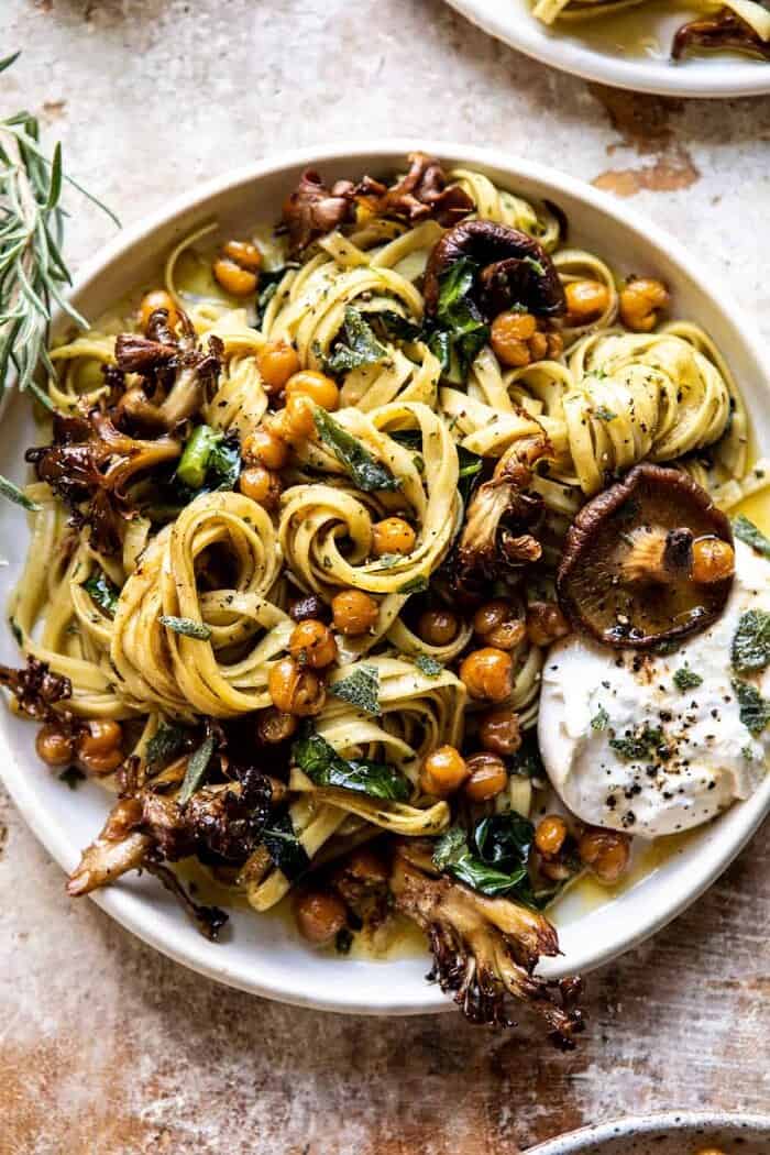 Slow Roasted Mushroom Pasta with Crisp Rosemary Chickpeas | halfbakedharvest.com overhead close up photo of Slow Roasted Mushroom Pasta with Crisp Rosemary Chickpeas