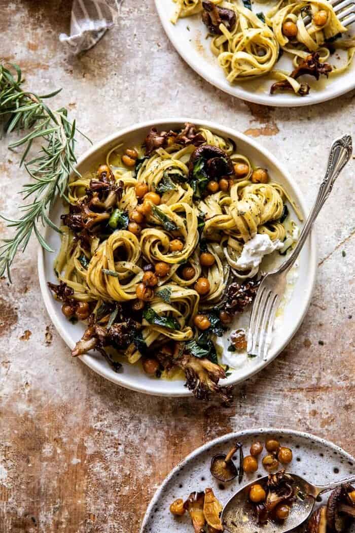 Slow Roasted Mushroom Pasta with Crisp Rosemary Chickpeas | halfbakedharvest.com overhead photo of Slow Roasted Mushroom Pasta with Crisp Rosemary Chickpeas and for on plate