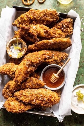 Spicy Honey Mustard Pretzel Chicken Fingers | halfbakedharvest.com