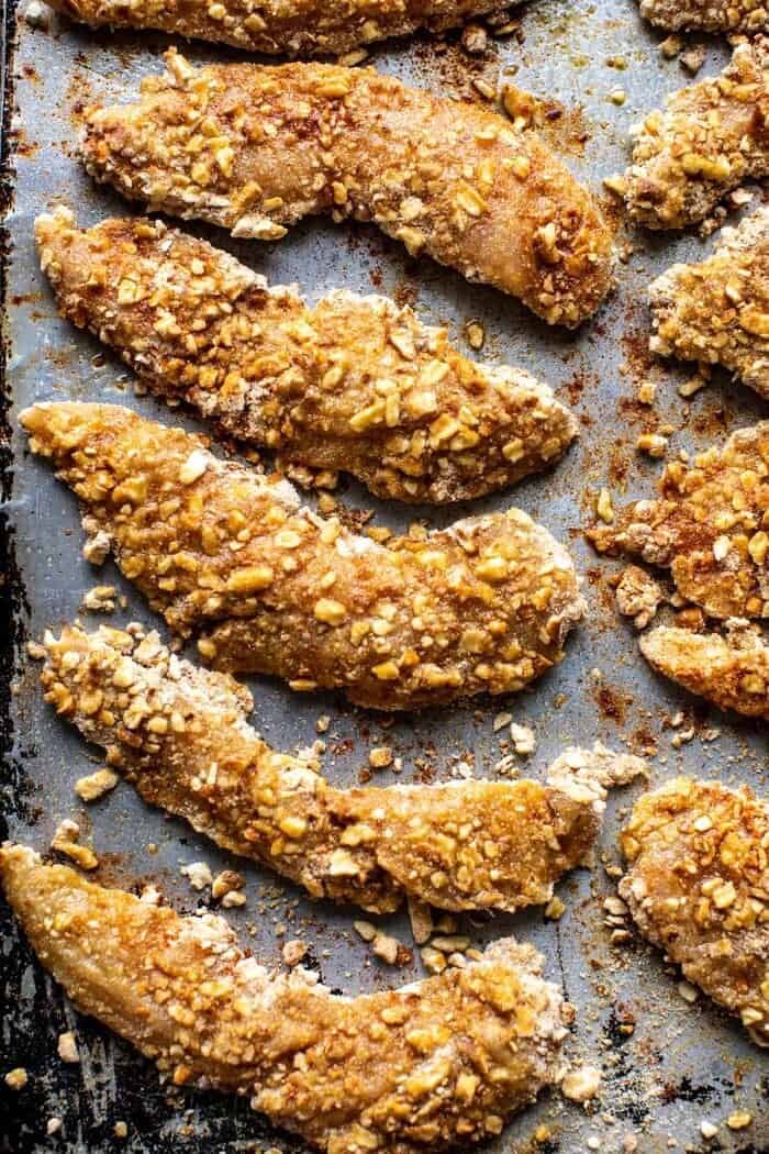 overhead prep photo of Spicy Honey Mustard Pretzel Chicken Fingers before baking 
