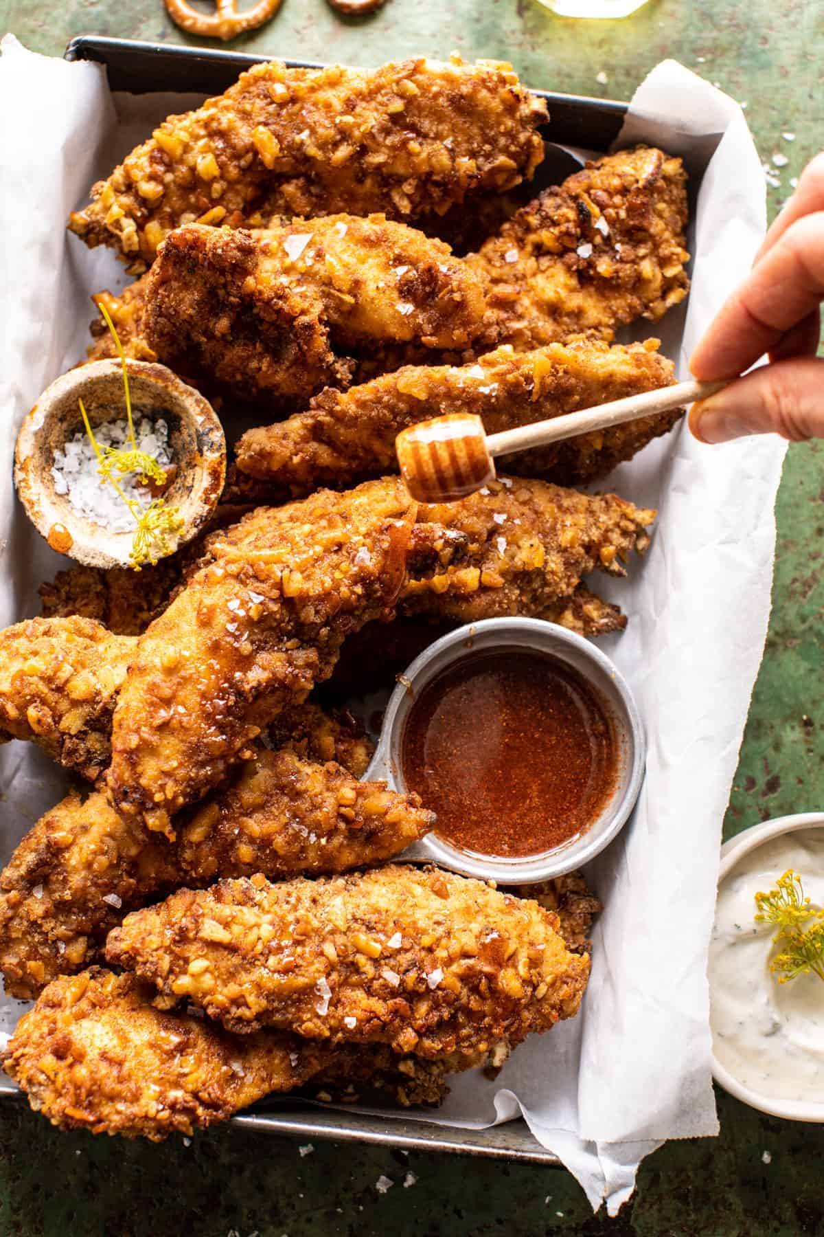 Spicy Honey Mustard Pretzel Chicken Fingers | halfbakedharvest.com