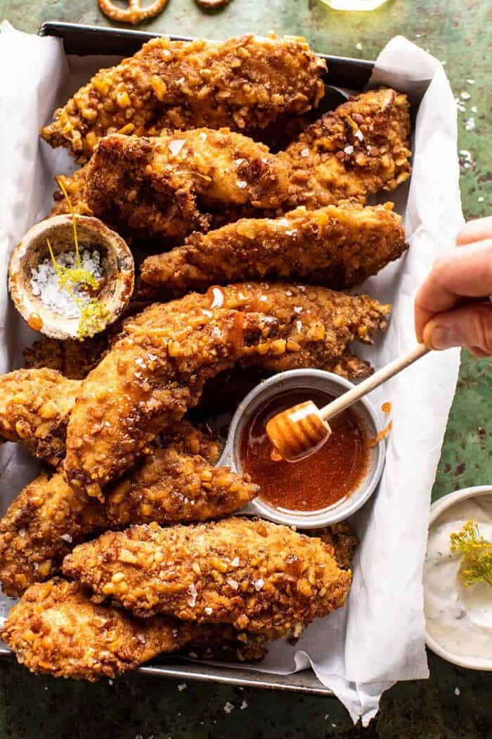 Spicy Honey Mustard Pretzel Chicken Fingers | halfbakedharvest.com