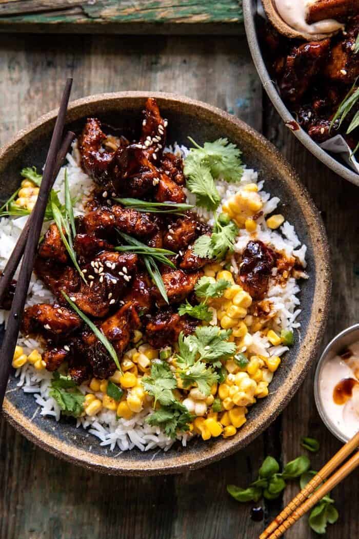 overhead photo of 25 Minute Korean Bulgogi BBQ Chicken with Spicy Garlic Butter Corn
