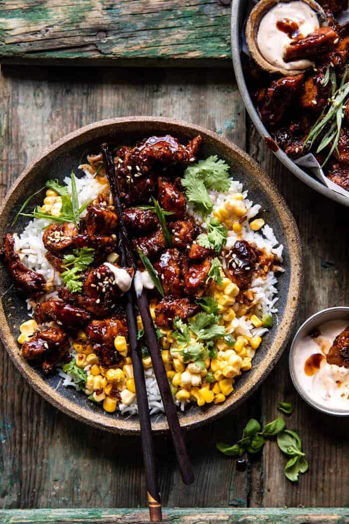 overhead close up photo of 25 Minute Korean Bulgogi BBQ Chicken with Spicy Garlic Butter Corn