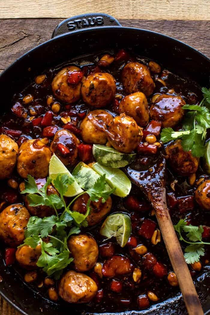 overhead photo of 30 Minute Sticky Thai Meatballs in skillet after cooking 