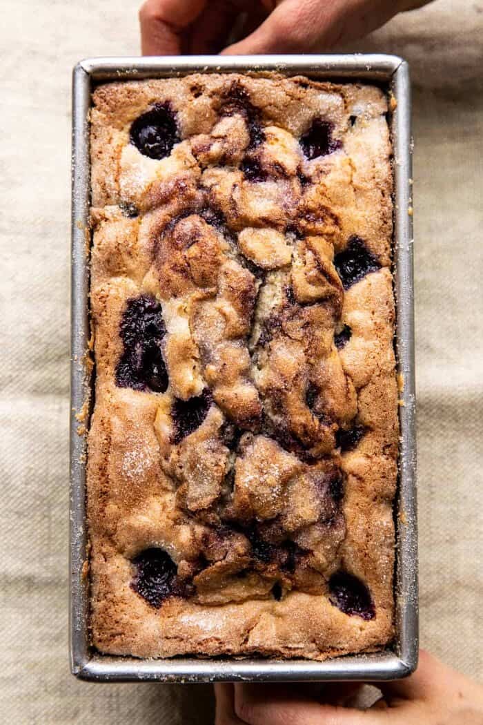 Blueberry Lemon Thyme Cake after baking in loaf pan