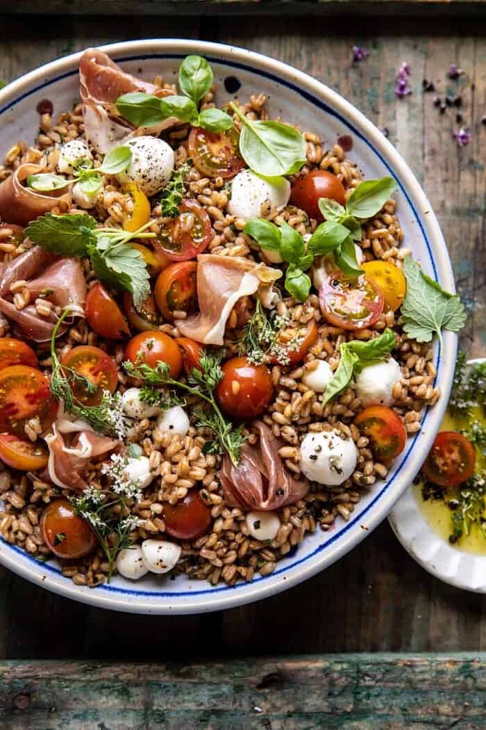 overhead close up photo of Caprese Prosciutto Farro Salad