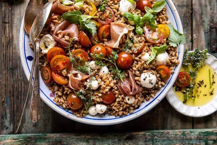 overhead horizontal photo of Caprese Prosciutto Farro Salad