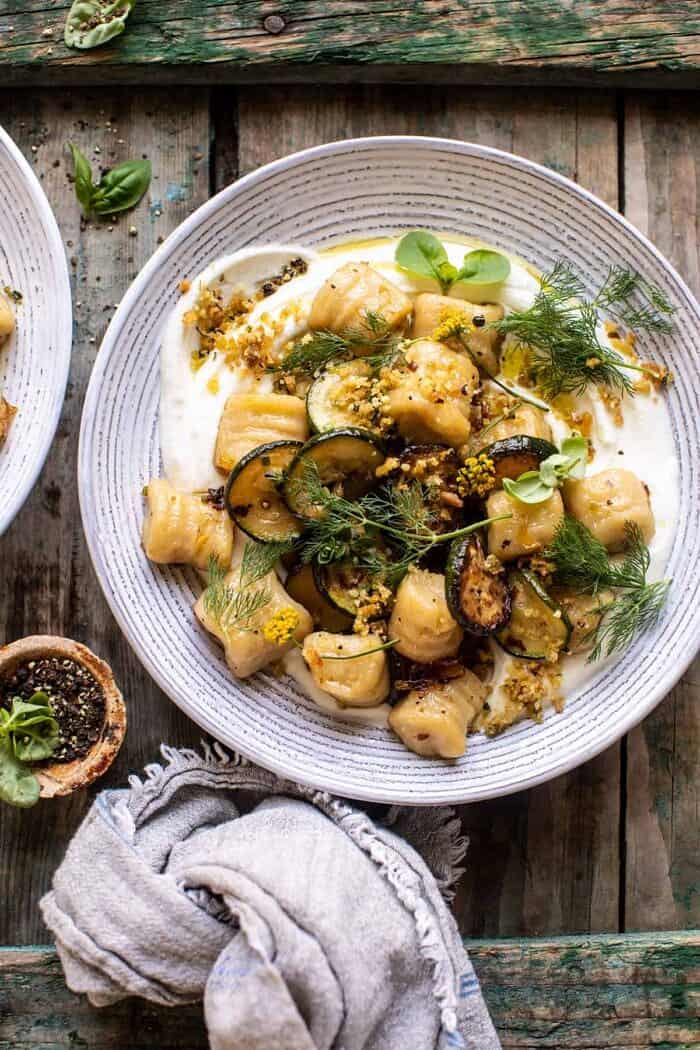 Cauliflower Gnocchi with Crispy Zucchini and Whipped Goat Cheese | halfbakedharvest.com overhead photo of Cauliflower Gnocchi with Crispy Zucchini and Whipped Goat Cheese