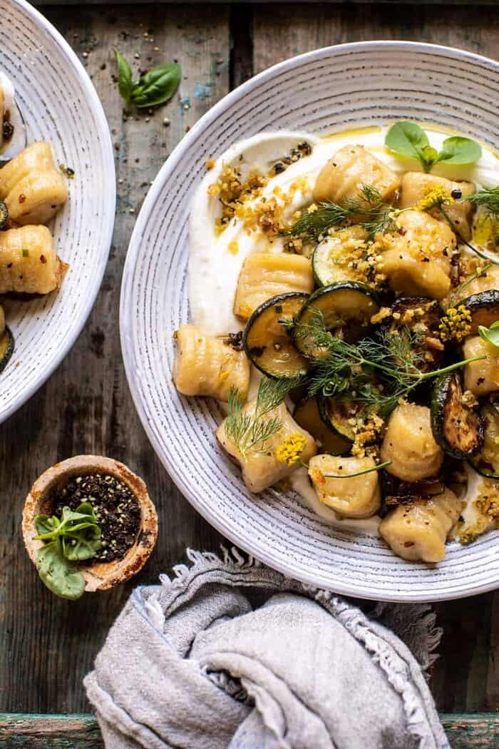 Cauliflower Gnocchi with Crispy Zucchini and Whipped Goat Cheese | halfbakedharvest.com overhead close up photo of Cauliflower Gnocchi with Crispy Zucchini and Whipped Goat Cheese | halfbakedharvest.com