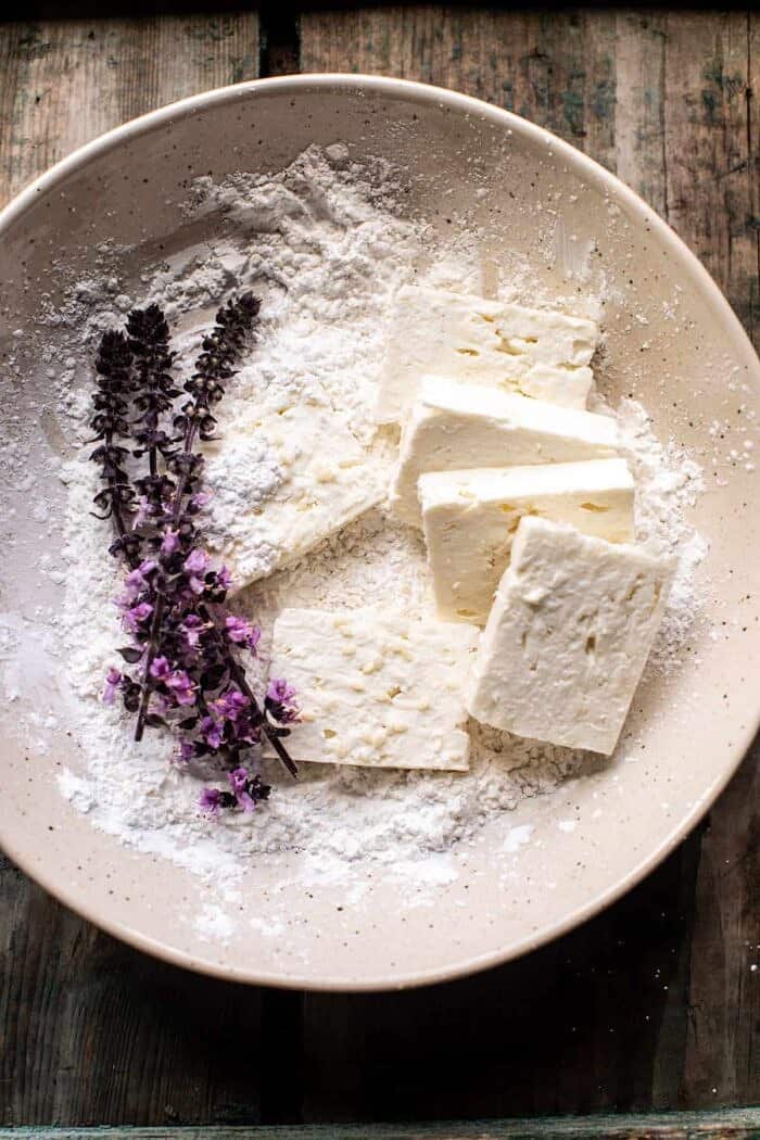 Crispy Lemon Feta with Spiced Chickpeas and Basil Orzo | halfbakedharvest.com overhead prep photo of Feta cheese before frying