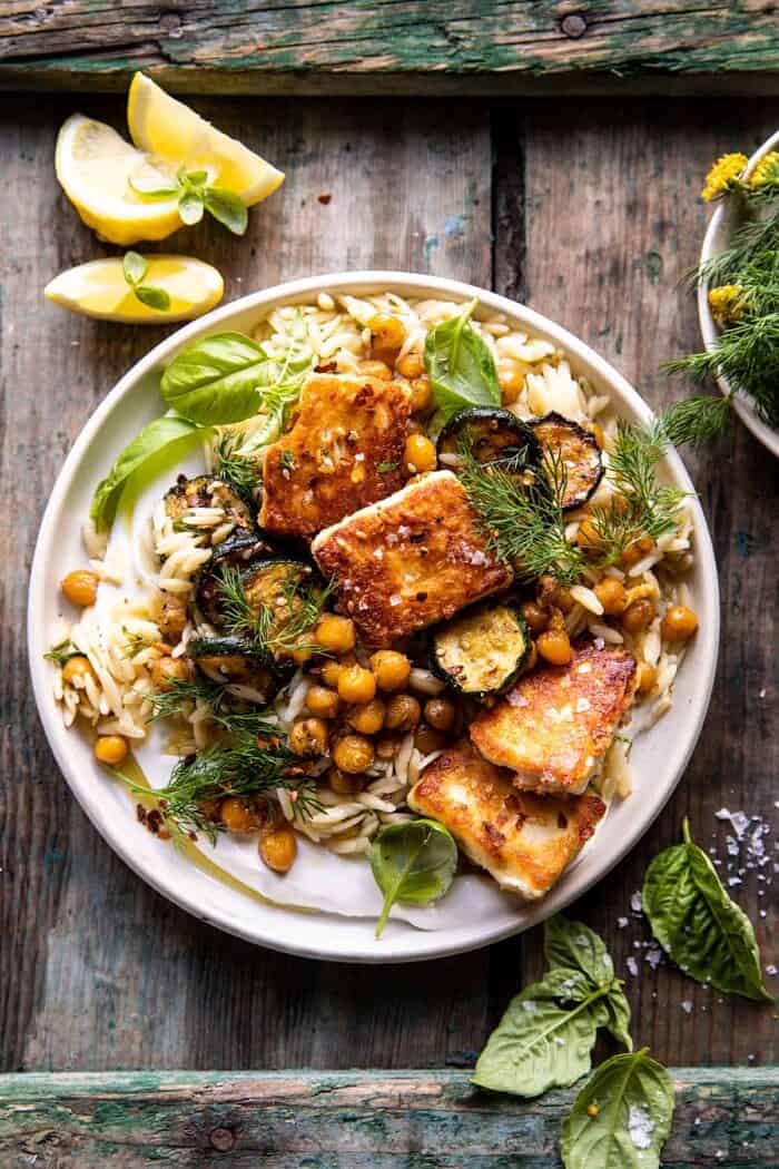 Crispy Lemon Feta with Spiced Chickpeas and Basil Orzo | halfbakedharvest.com overhead photo of Crispy Lemon Feta with Spiced Chickpeas and Basil Orzo