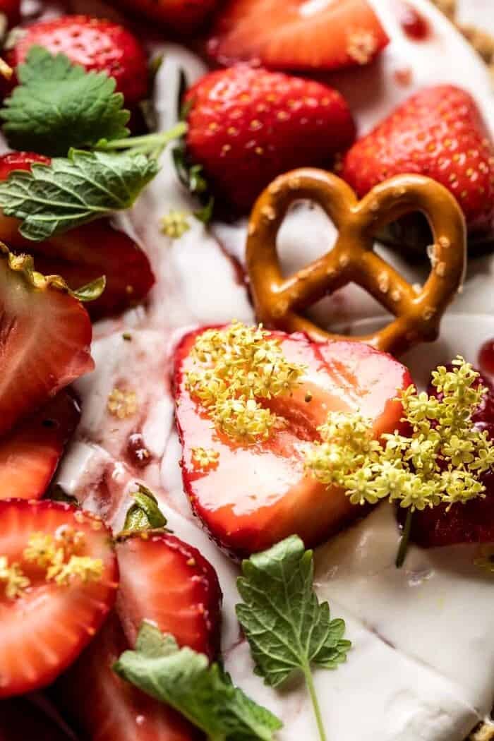 overhead close up photo of Double Strawberry Pretzel Pie 