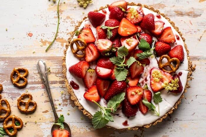 overhead horizontal photo of Double Strawberry Pretzel Pie 