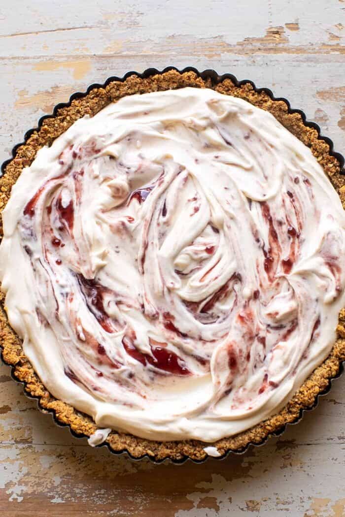 prep photo of Double Strawberry Pretzel Pie before chilling 
