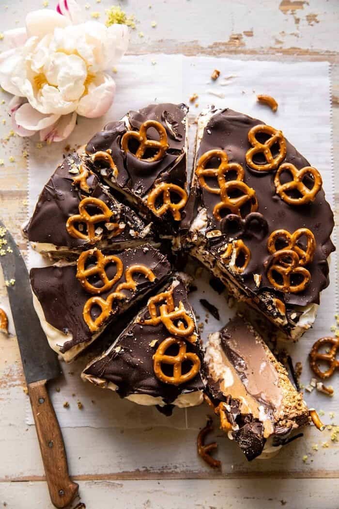Fudgy Chocolate Peanut Butter Ice Cream Pretzel Cake | halfbakedharvest.com