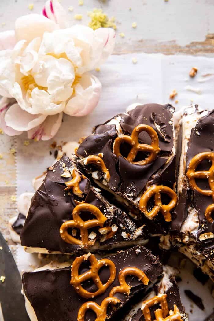 Fudgy Chocolate Peanut Butter Ice Cream Pretzel Cake | halfbakedharvest.com overhead close up photo of Fudgy Chocolate Peanut Butter Ice Cream Pretzel Cake