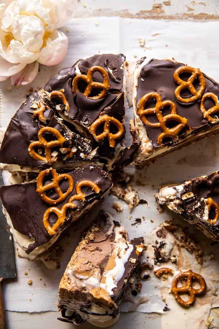 Fudgy Chocolate Peanut Butter Ice Cream Pretzel Cake | halfbakedharvest.com overhead photo of Fudgy Chocolate Peanut Butter Ice Cream Pretzel Cake