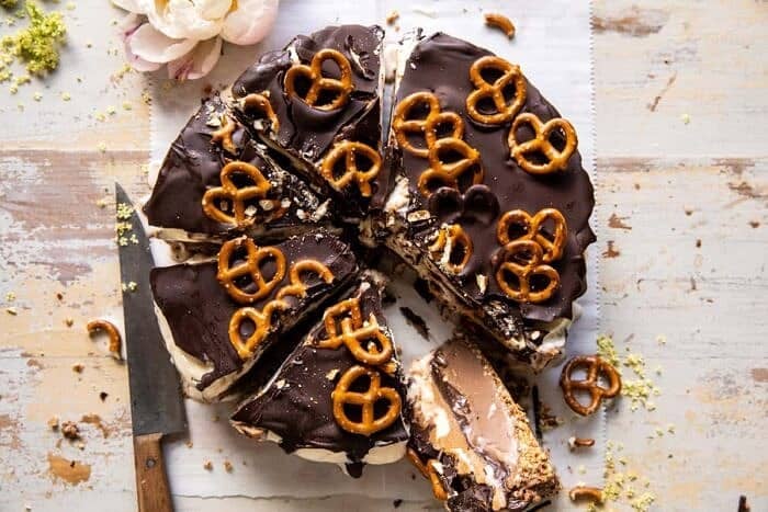 Fudgy Chocolate Peanut Butter Ice Cream Pretzel Cake | halfbakedharvest.com overhead horizontal photo of Fudgy Chocolate Peanut Butter Ice Cream Pretzel Cake