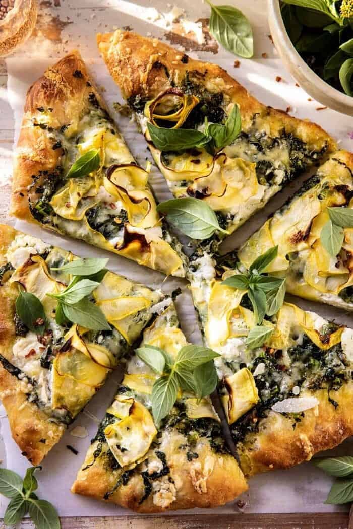 Garden Greens Goddess Pizza | halfbakedharvest.com overhead close up photo of Garden Greens Goddess Pizza