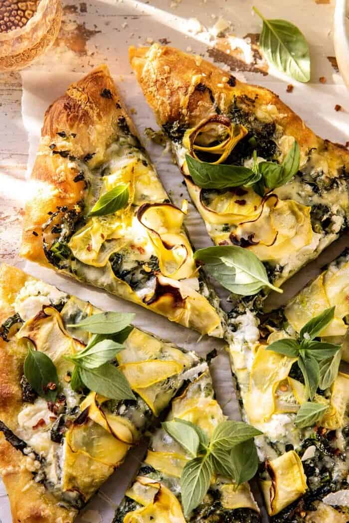 Garden Greens Goddess Pizza | halfbakedharvest.com overhead close up photo of Garden Greens Goddess Pizza