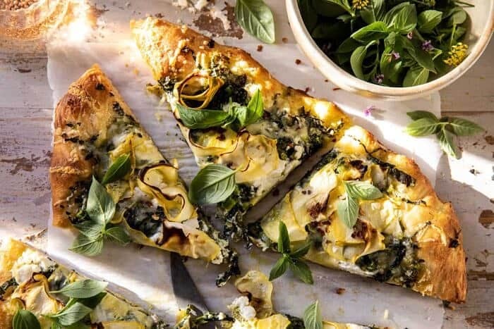 Garden Greens Goddess Pizza | halfbakedharvest.com overhead horizontal photo of Garden Greens Goddess Pizza