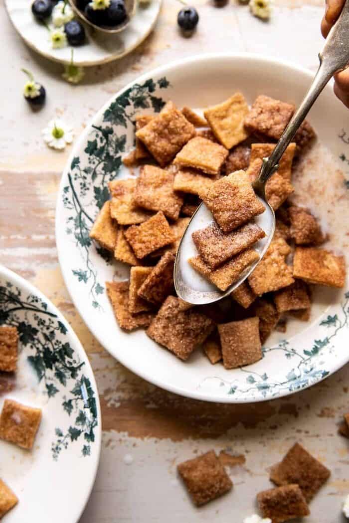 Homemade Cinnamon Toast Crunch | halfbakedharvest.com overhead photo of Homemade Cinnamon Toast Crunch in spoon