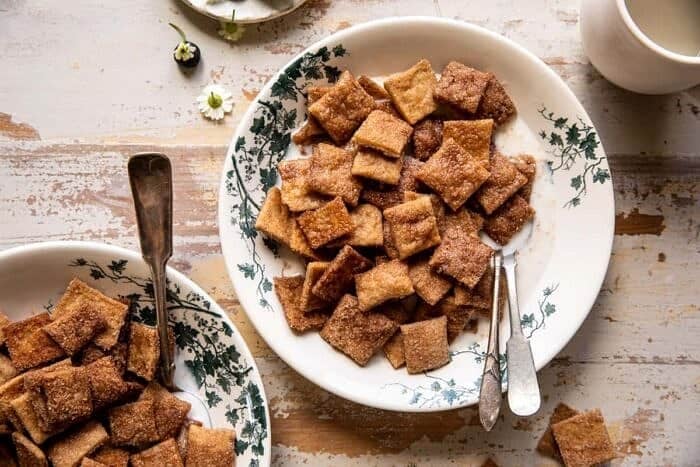 Homemade Cinnamon Toast Crunch | halfbakedharvest.com overhead horizontal photo of Homemade Cinnamon Toast Crunch in bowl with milk