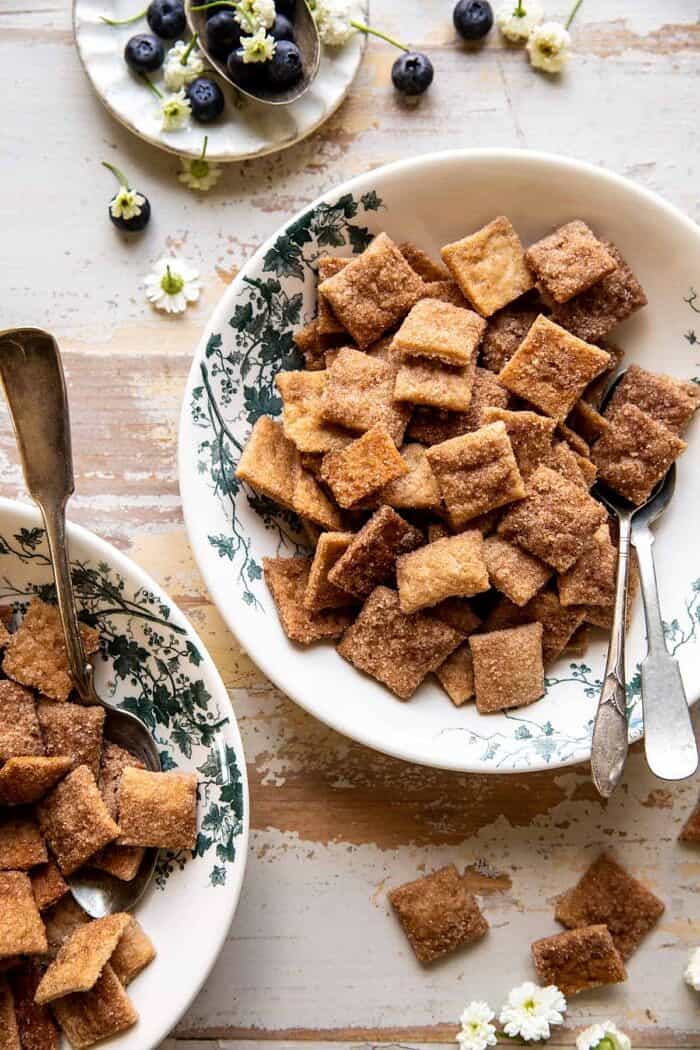 Homemade Cinnamon Toast Crunch | halfbakedharvest.com overhead photo of Homemade Cinnamon Toast Crunch in cereal bowl before adding milk