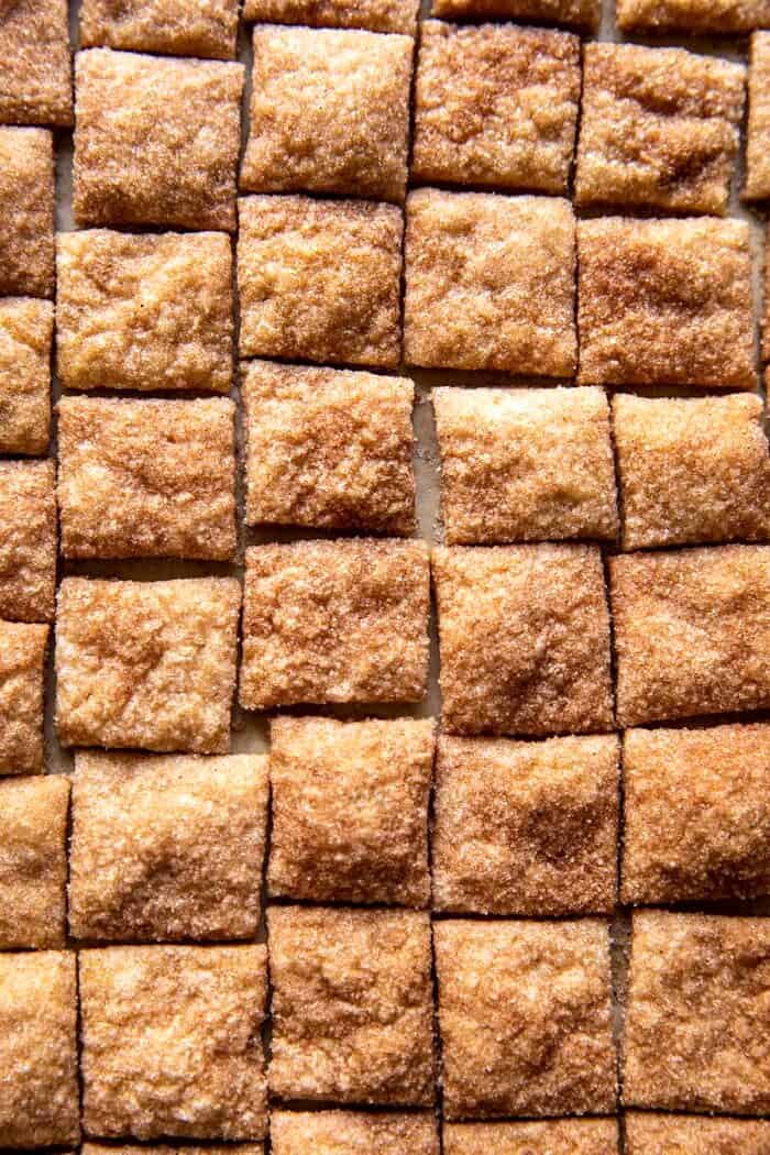 Homemade Cinnamon Toast Crunch | halfbakedharvest.com overhead photo of Homemade Cinnamon Toast Crunch after baking on baking sheet