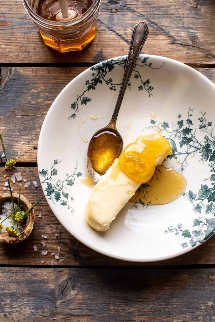 overhead photo of Layered Jalapeño Cheddar Biscuits with Salted Honey Butter 
