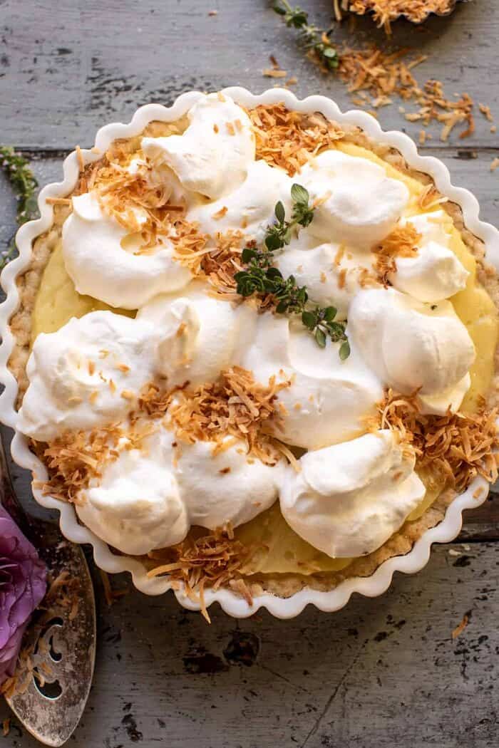 overhead close up photo of Lemon Sugar Coconut Cream Pie