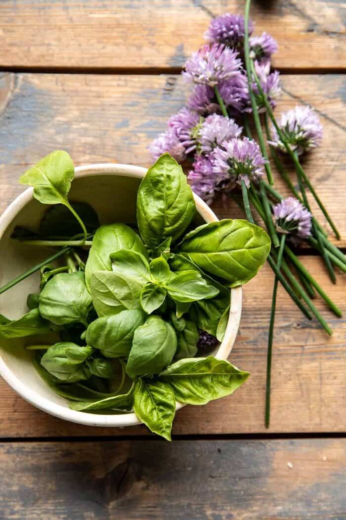 overhead prep photo of basil and chives 