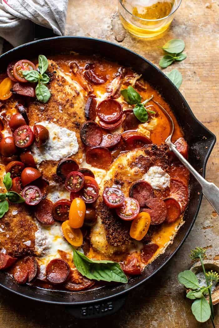 Skillet Cheesy Pepperoni Pizza Chicken | halfbakedharvest.com overhead close up photo of Skillet Cheesy Pepperoni Pizza Chicken