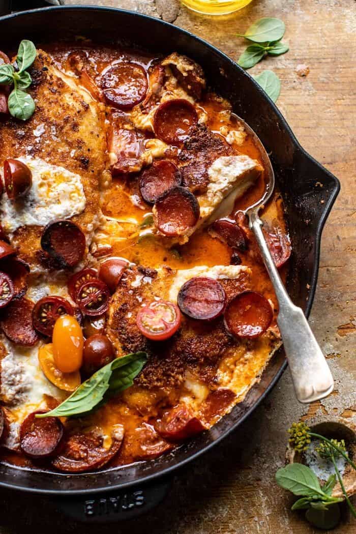 Skillet Cheesy Pepperoni Pizza Chicken | halfbakedharvest.com overhead close up photo of Skillet Cheesy Pepperoni Pizza Chicken