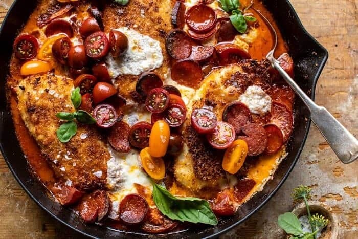 Skillet Cheesy Pepperoni Pizza Chicken | halfbakedharvest.com overhead horizontal photo of Skillet Cheesy Pepperoni Pizza Chicken