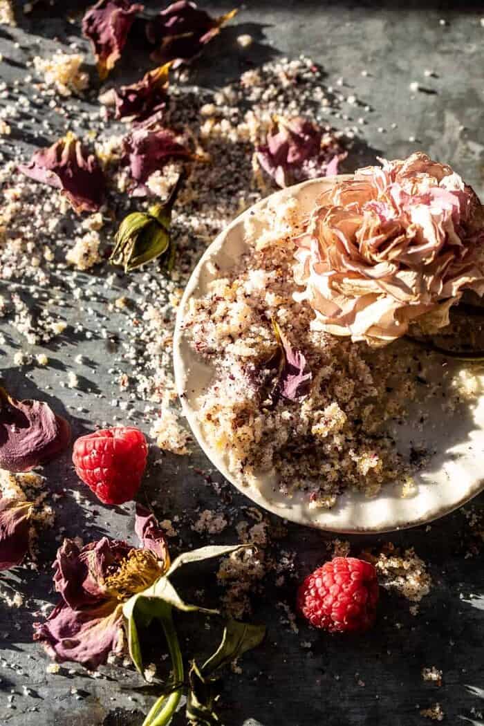 The Hermione Granger Cocktail | halfbakedharvest.com prep photo of lemon rose sugar