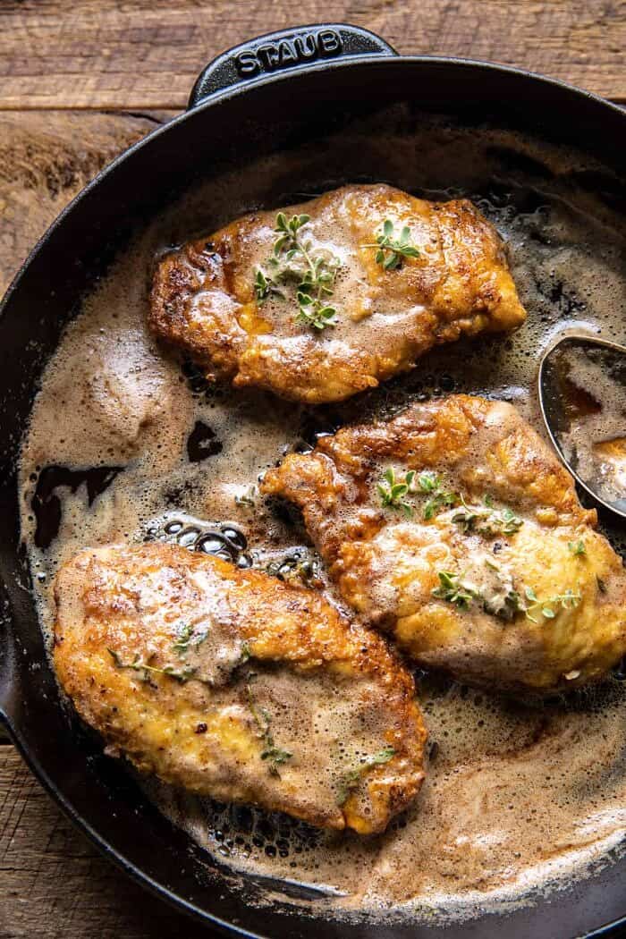 overhead photo of 20 Minute Florentine Butter Chicken in skillet without tomatoes 