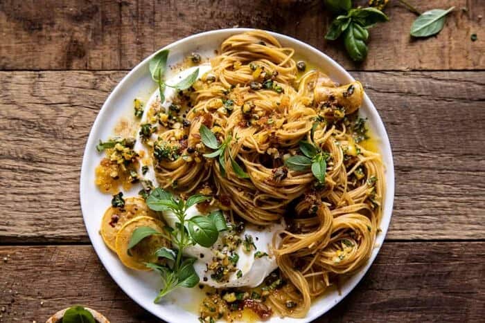 overhead horizontal photo of 20 Minute Lemon Butter Pasta with Ricotta and Spicy Breadcrumbs 
