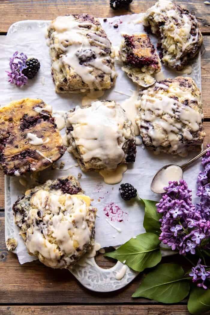 Blackberry Lavender White Chocolate Scones | halfbakedharvest.com overhead photo of Blackberry Lavender White Chocolate Scones