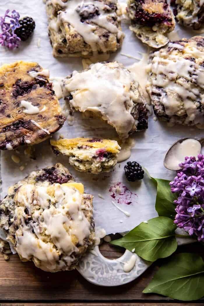 Blackberry Lavender White Chocolate Scones | halfbakedharvest.com side angled photo of Blackberry Lavender White Chocolate Scones