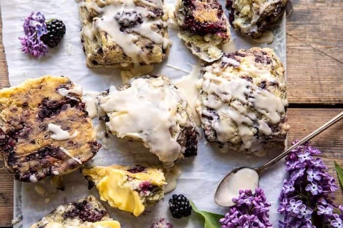 Blackberry Lavender White Chocolate Scones | halfbakedharvest.com overhead photo of Blackberry Lavender White Chocolate Scones